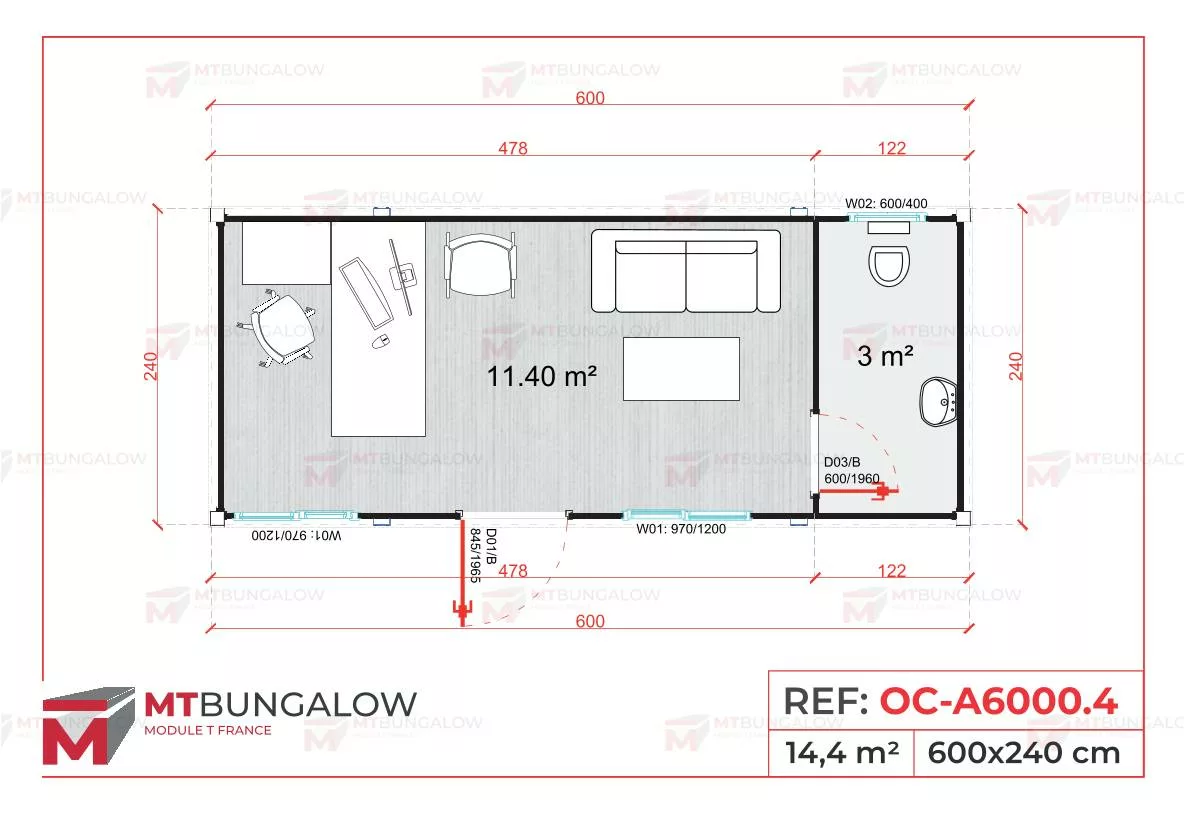 Plan base de vie chantier avec espace sanitaire et salon