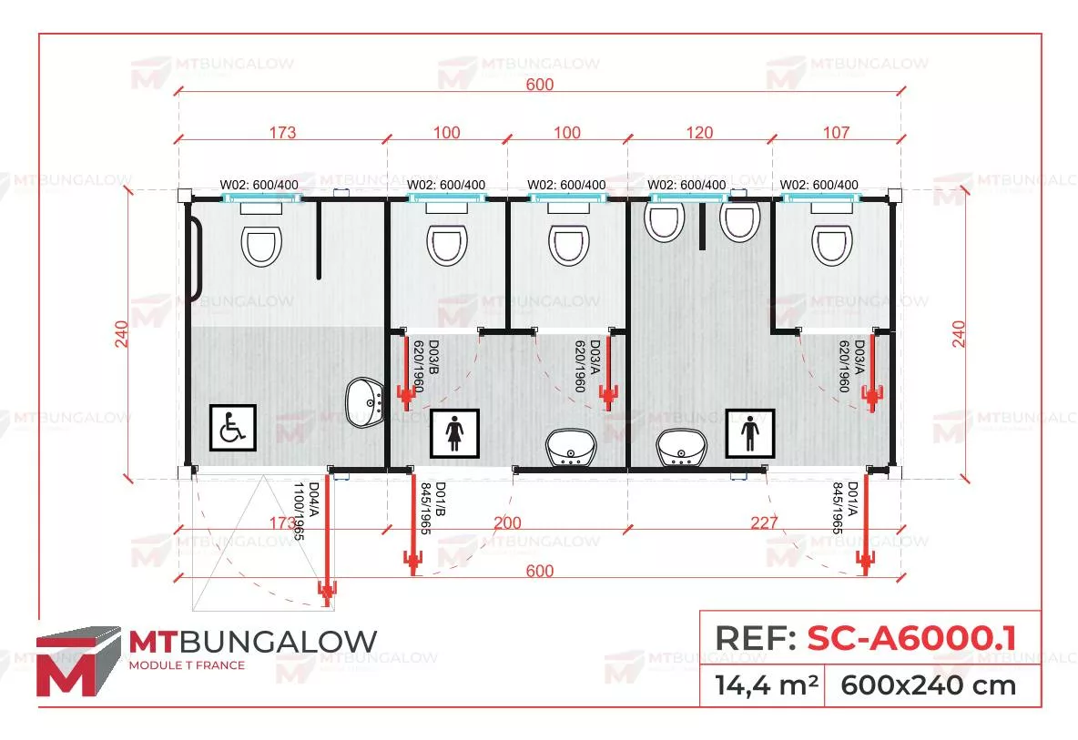 plan bungalow sanitaire homme et femme